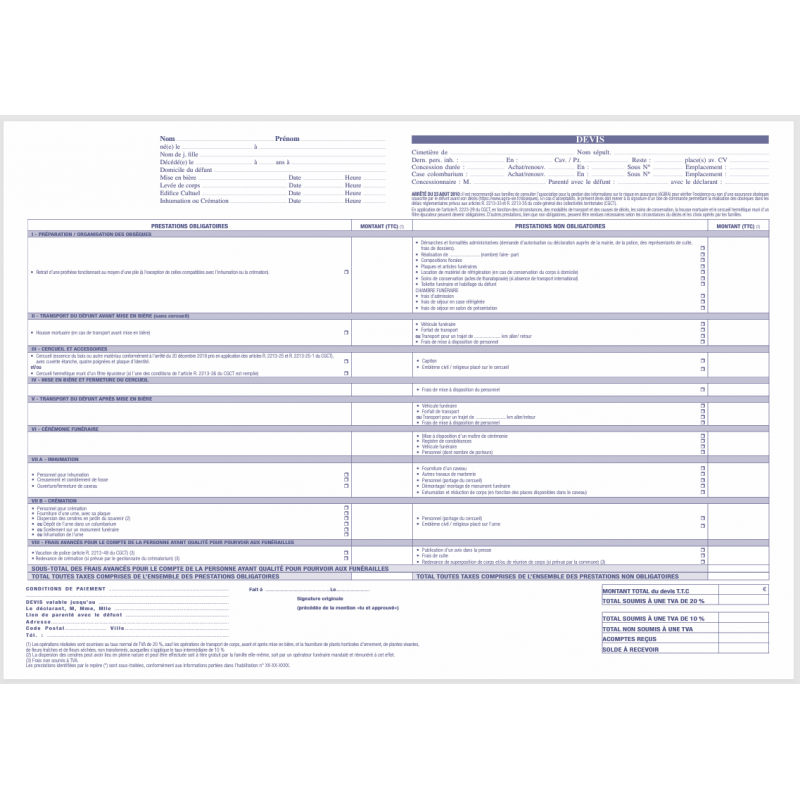 Liasse Devis ou Bon de commande obsèques, paquet de 25