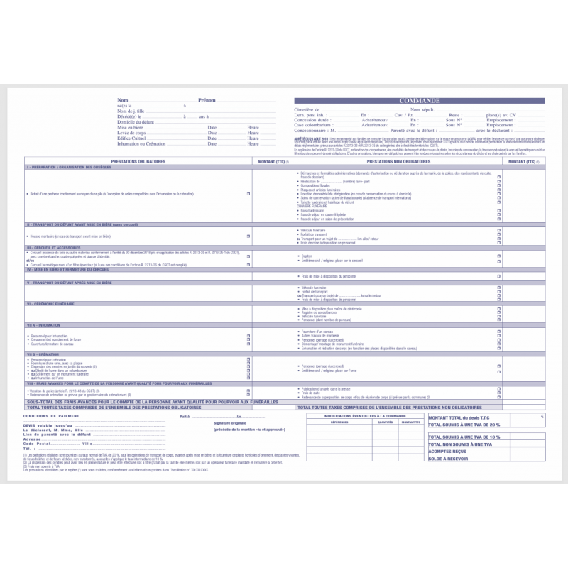 Liasse Devis ou Bon de commande obsèques, paquet de 25