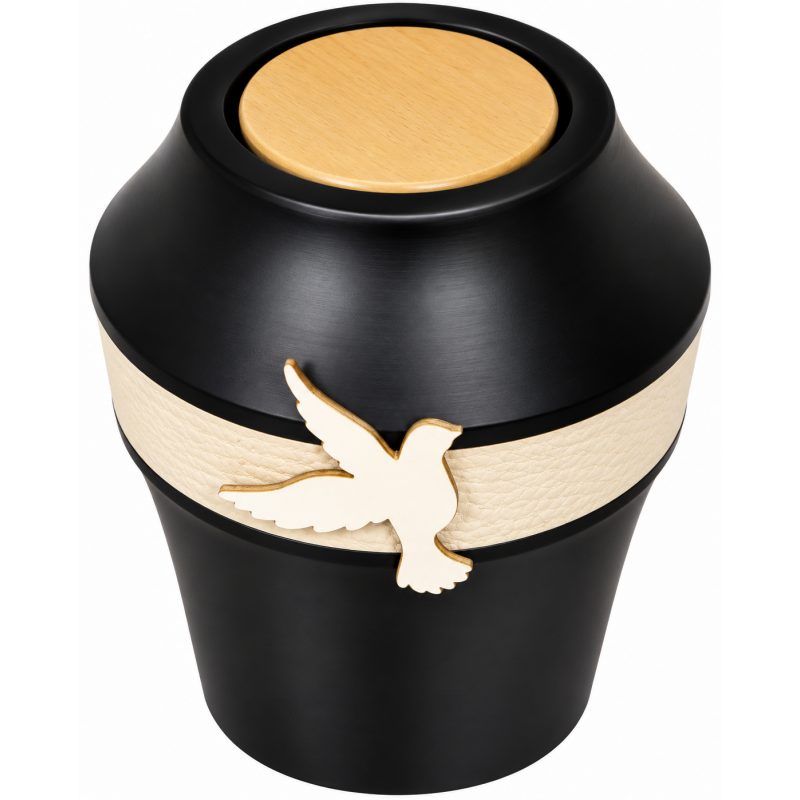 Urne funéraire en bois décor cuir et colombe bois